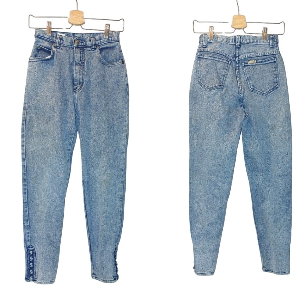 Pure Jeanswear High Rise Tapered Leg Acid Washed Jeans Ankle Braid 80s Vintage
